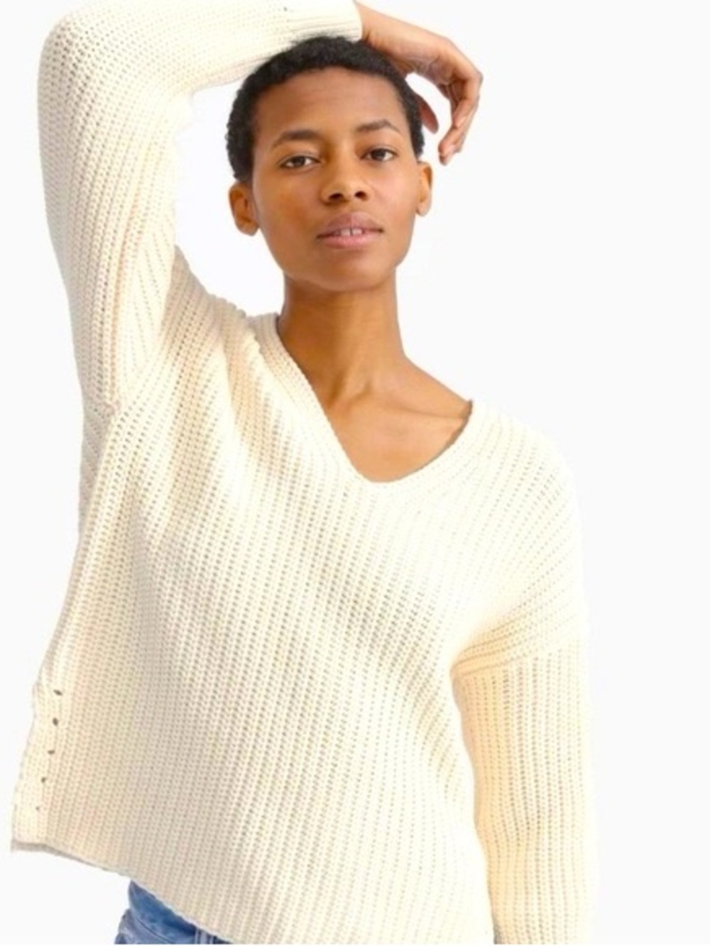 Everlane Texture Cotton V-Neck Sweater | Cream | XS